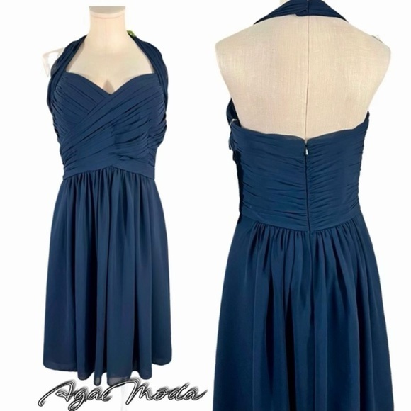 Bill Levkoff Bridal Party Prom Special Occasion Navy Midi Chiffon Fit And Flare - Picture 1 of 16